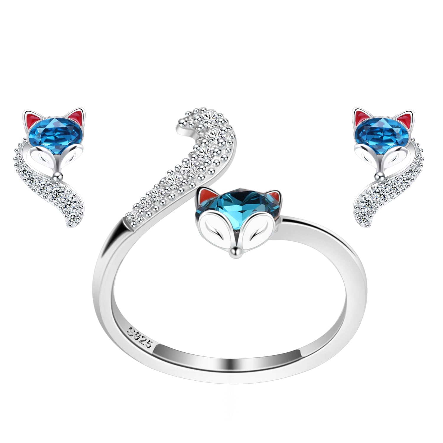 PLATO H S925 Sterling Silver Fox Animal Ring and Earrings Jewelry Sets